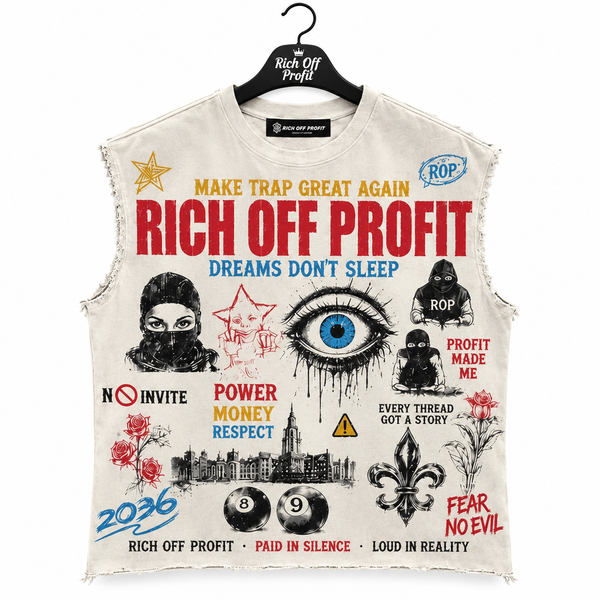Rich Off Profit Make Trap Great Again cream sleeveless tee on black branded hanger and white background