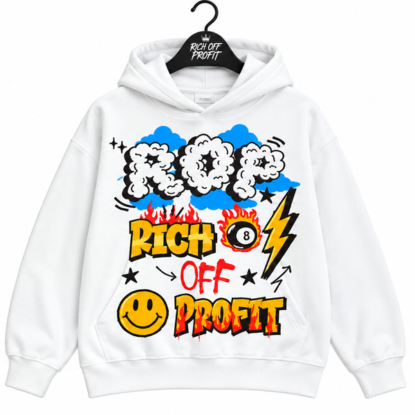 White Profit Playground Hoodie hanging on black Rich Off Profit branded hanger against white background