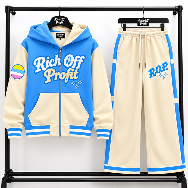 Rich Off Profit blue and cream tracksuit with matching wide-leg R.O.P. pants on rack