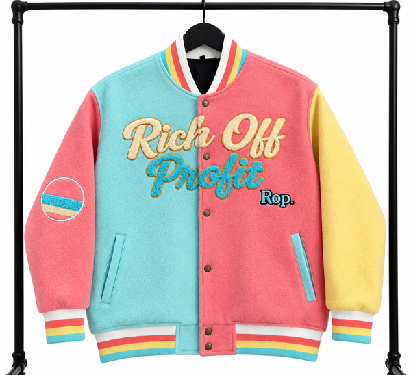 Rich Off Profit pastel varsity jacket front hanging large on black rack, white studio background